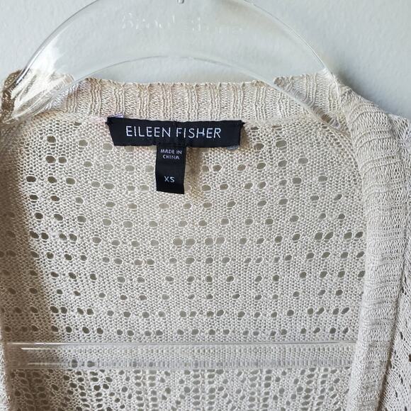 Women Eileen Fisher Beige Linen Pointelle Knit Cardigan XS Beach Coastal Neutral - Picture 4 of 10